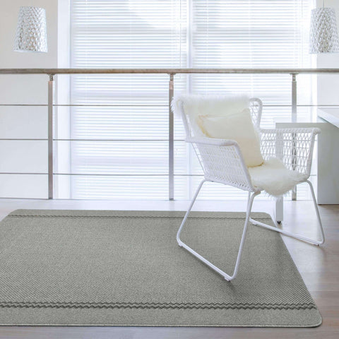 Gray textured washable designer bordered area rug with subtle woven pattern and decorative border perfect for any room