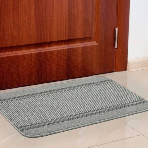 Washable designer bordered grey rug with subtle geometric pattern and stitched border perfect for entryways