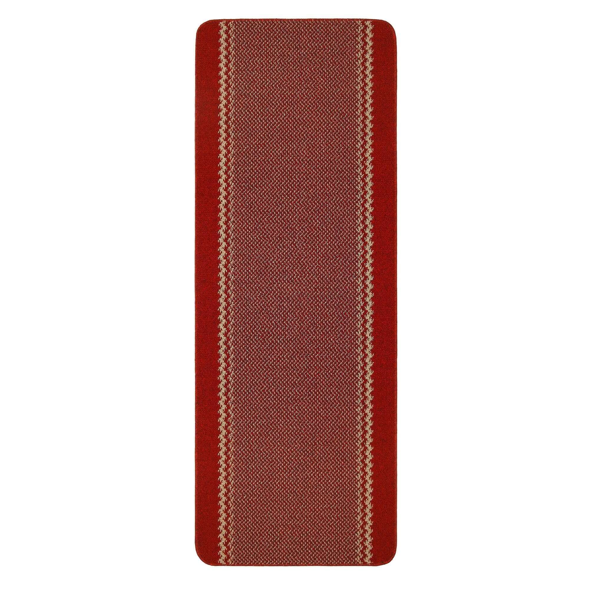 A washable designer bordered red rug featuring a rectangular woven design with two vertical beige striped borders