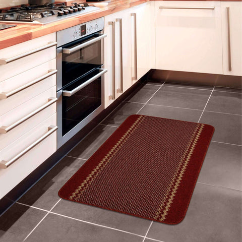 Washable designer bordered red kitchen mat with textured woven pattern and beige border accents for a cozy rug option