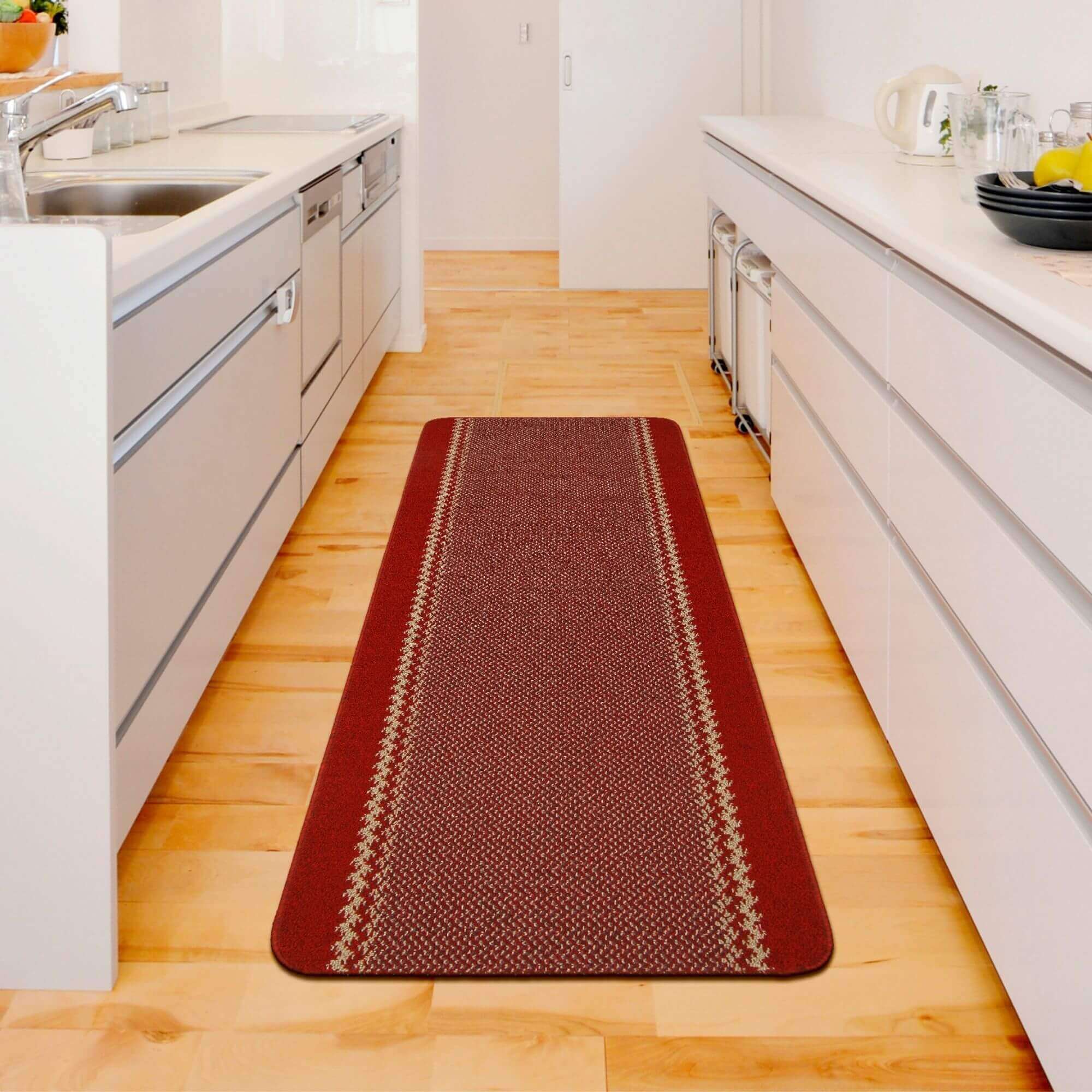 Red rectangular washable designer bordered kitchen mat with textured pattern and beige trim for high durability