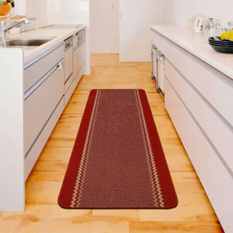 Red rectangular washable designer bordered kitchen mat with textured pattern and beige trim for high durability