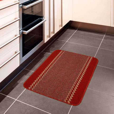 Washable designer bordered red kitchen mat with textured pattern and beige border accents perfect for home use