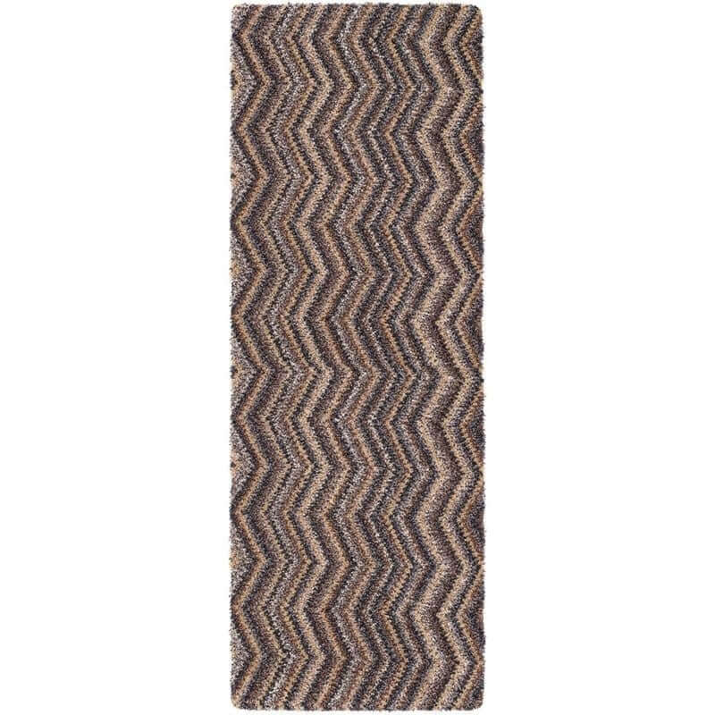 A plush washable mat with a chevron design in shades of brown and beige perfect for easy cleaning