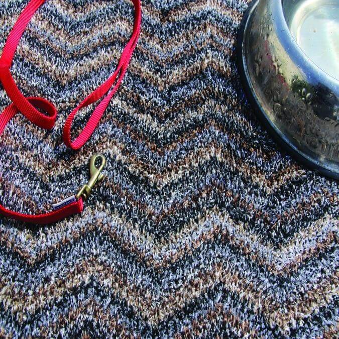 Red leash with brass clasp on a washable mats chevron design rug with multicolored zigzag texture