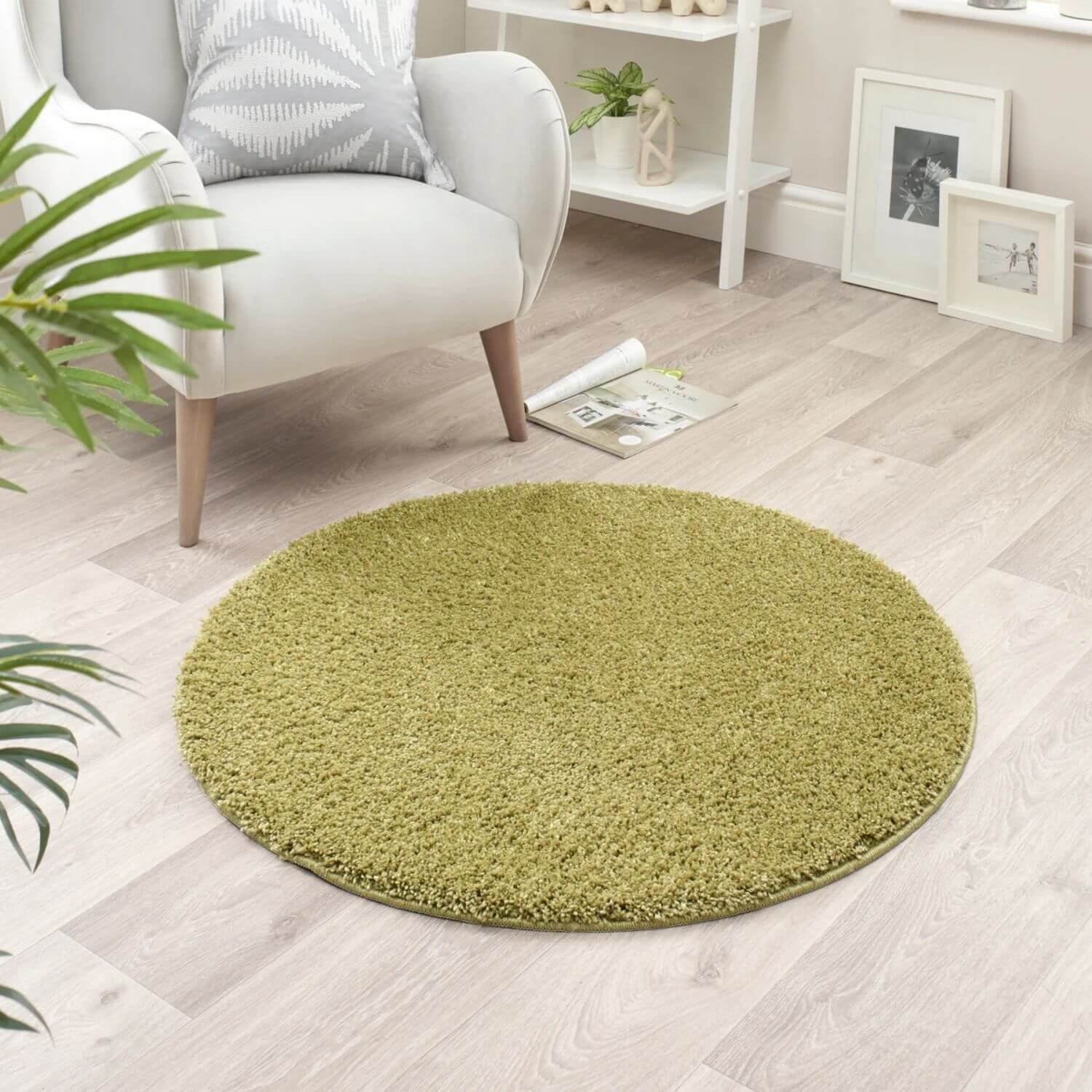 A round plush washable olive green shaggy rug perfect for cozy green shaggy rug vibes in any room