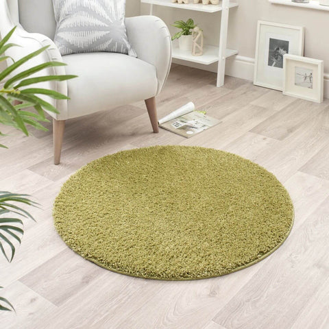 A round plush washable olive green shaggy rug perfect for cozy green shaggy rug vibes in any room