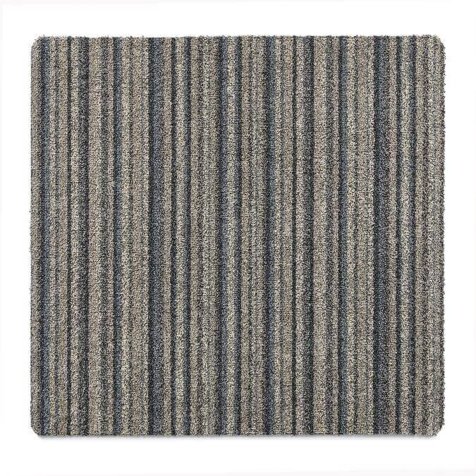 Gray and beige striped washable ribbon mat with textured loop pile surface perfect for easy cleaning