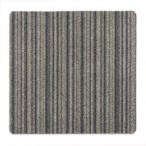 Gray and beige striped washable ribbon mat with textured loop pile surface perfect for easy cleaning
