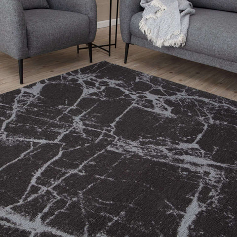Dark grey washable rug carina with striking white marble-like crackle pattern perfect for modern living spaces