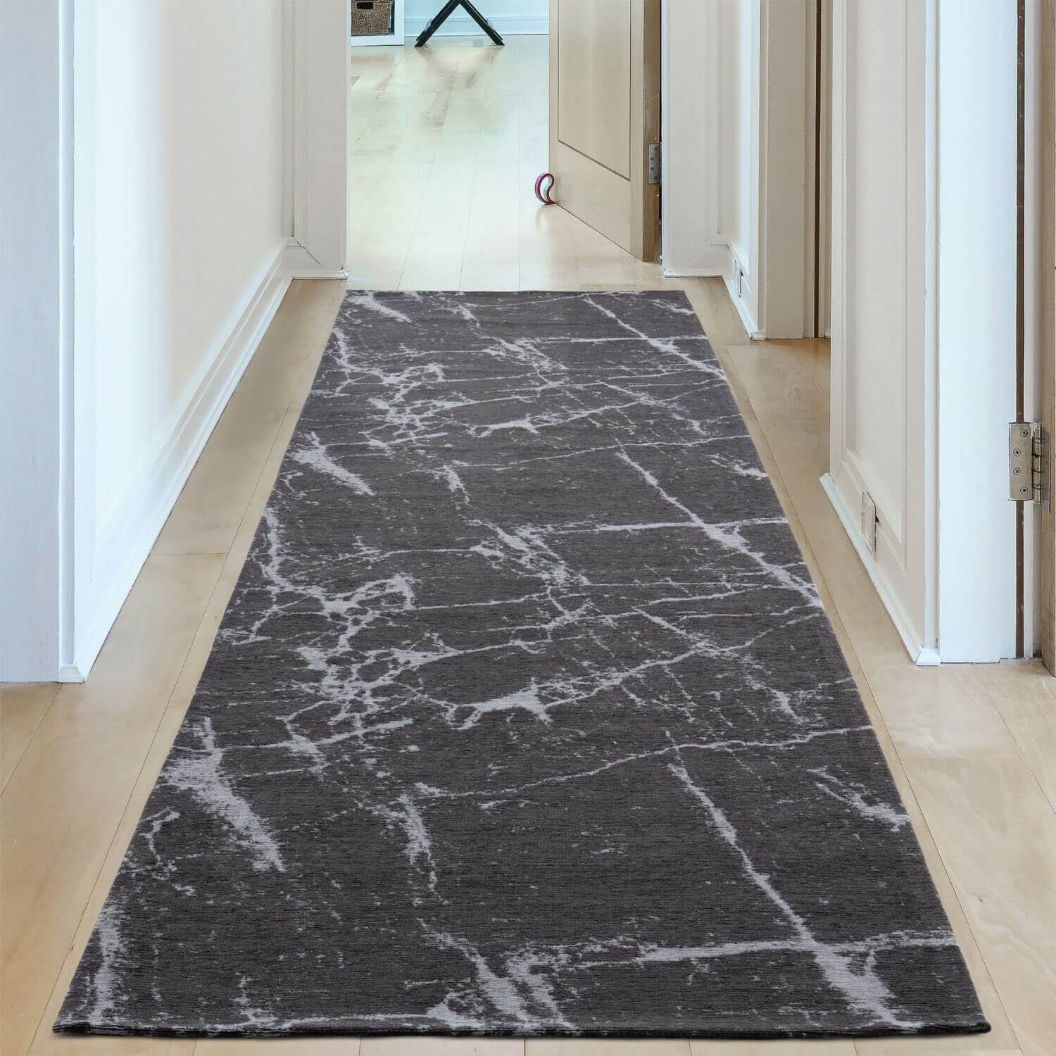 Dark grey washable rug carina with a white marble pattern perfect for modern runner spaces rug carina dark style
