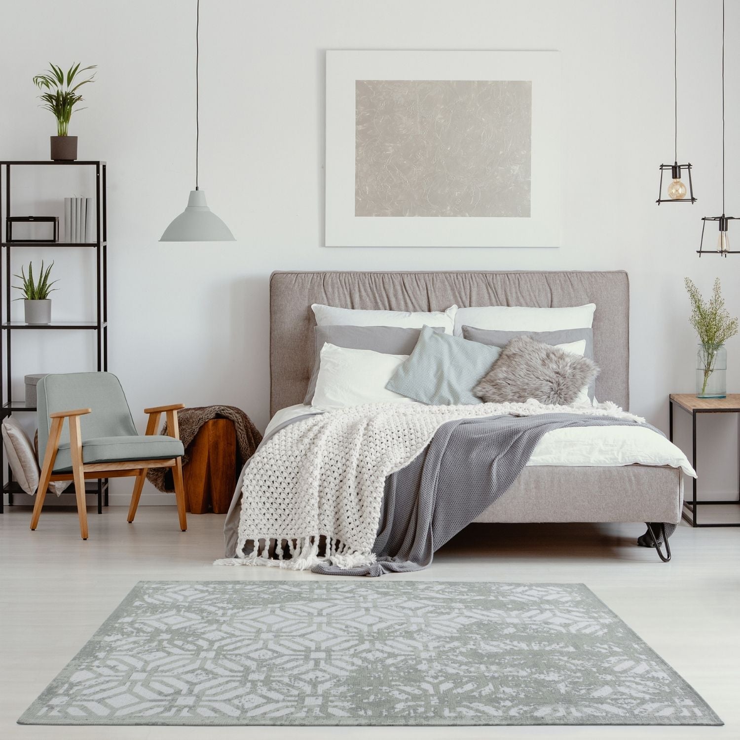 Gray geometric-patterned washable rug carina green perfect for adding style and easy care to your green rug collection