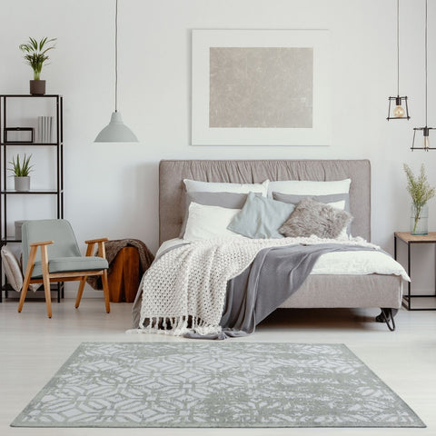 Gray geometric-patterned washable rug carina green perfect for adding style and easy care to your green rug collection