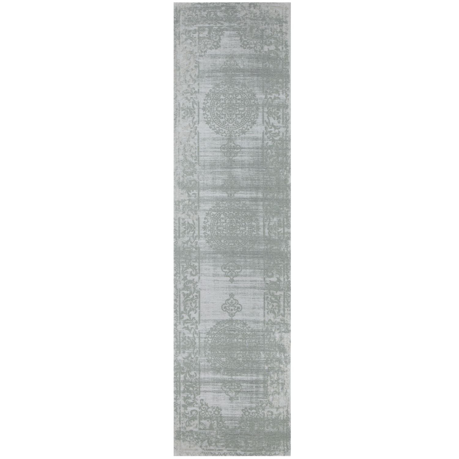 A long slender washable rug carina green in faded gray with vintage patterns and subtle distressing perfect for hallways