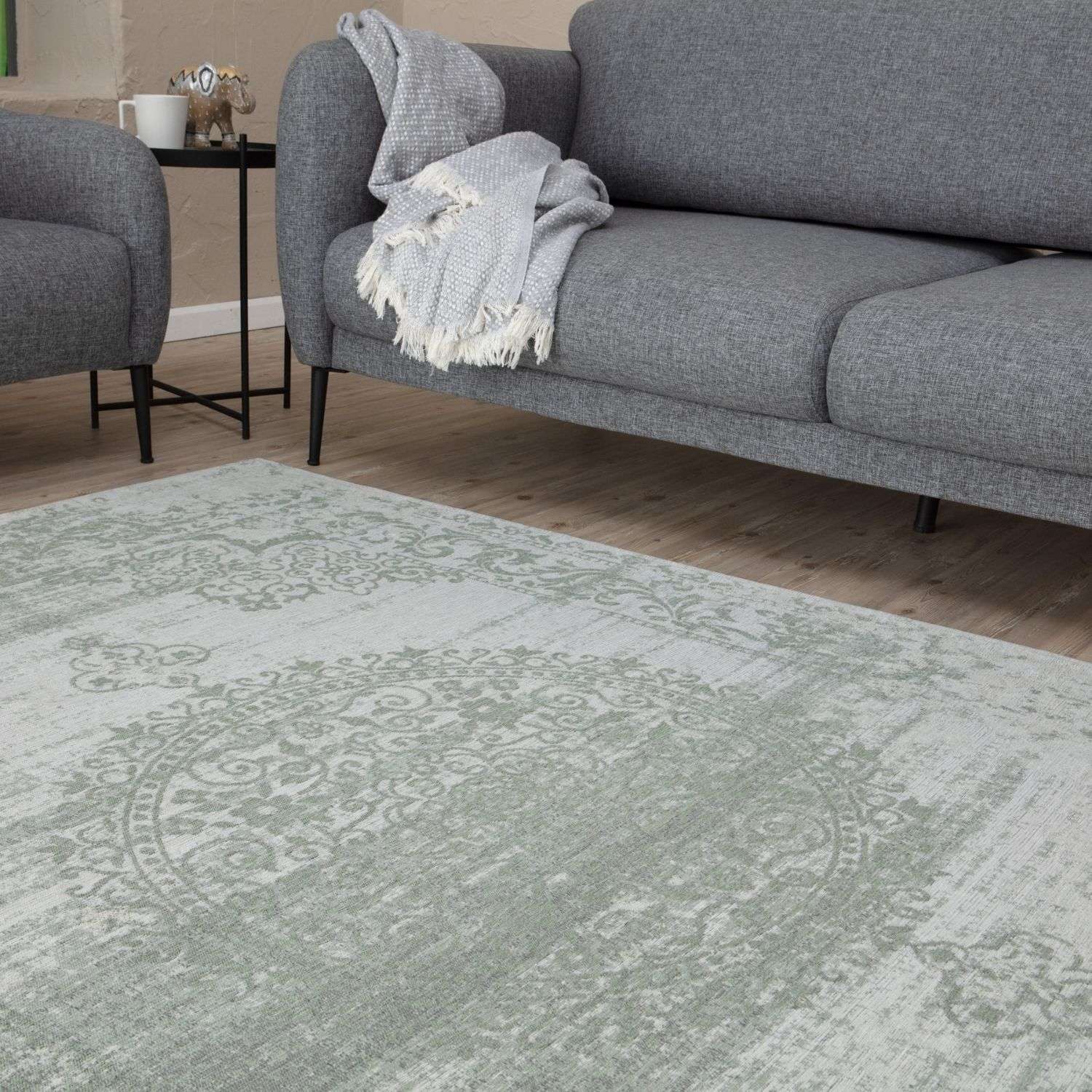 Soft light gray washable rug carina green with vintage floral sage green and off white pattern for easy care spaces