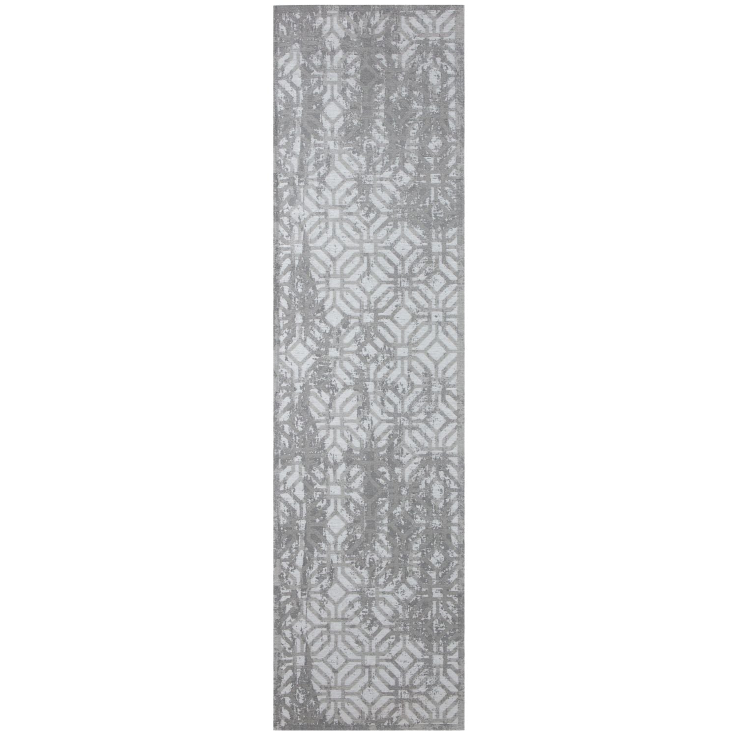 Gray runner rug carina grey with a washable distressed geometric pattern perfect for high traffic areas