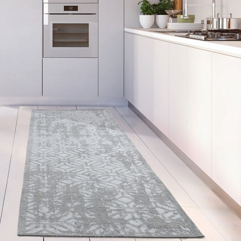A long washable runner rug carina grey with a subtle geometric pattern perfect for kitchen floors