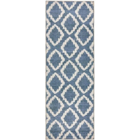 Blue and white ikat patterned washable runner rug with textured woven look featuring eterna diamond design