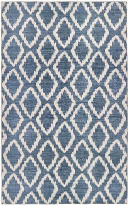 Blue and white washable rug with textured woven eterna diamond design geometric pattern