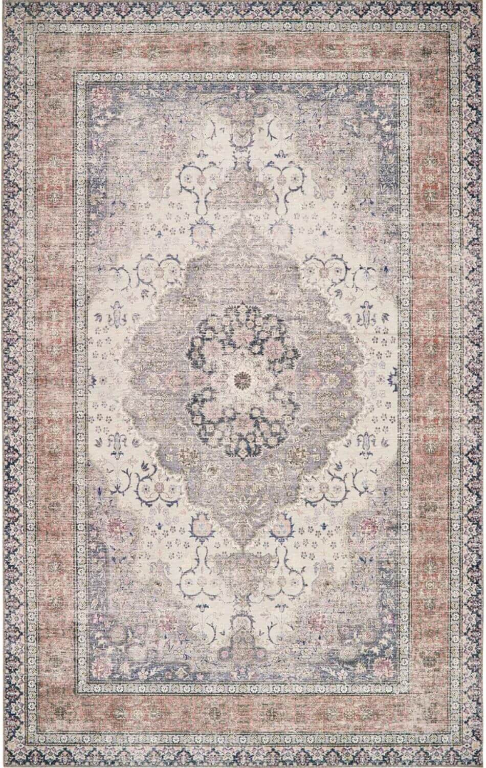 Vintage-style washable rug with faded eterna medallion design in dusty rose gray and cream tones with floral patterns