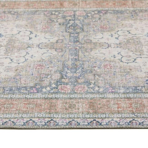 Antique-style washable rug with eterna medallion design in faded pastel pink blue and beige woolen texture
