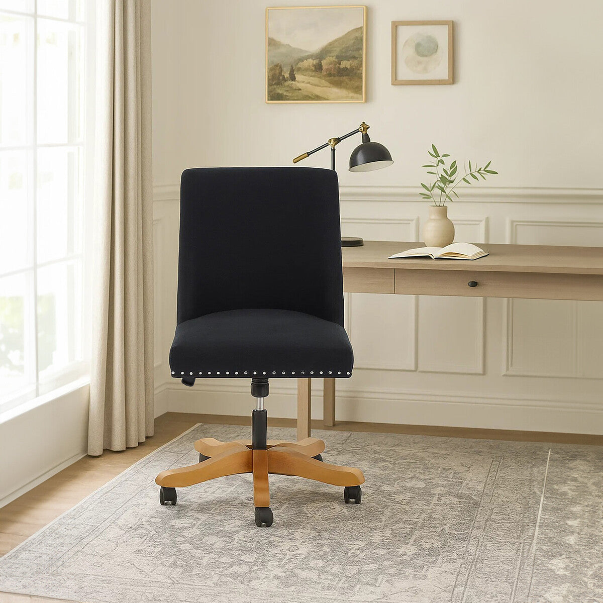 Navy blue upholstered washington black home office chair with wooden base and black casters for black home office use