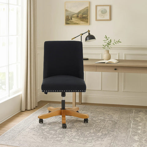 Navy blue upholstered washington black home office chair with wooden base and black casters for black home office use