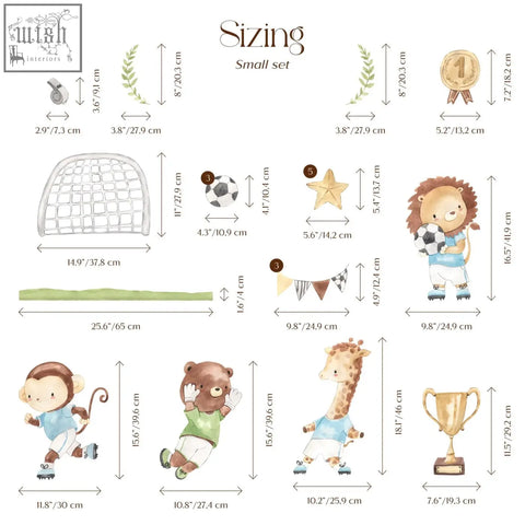Gold trophy with ribbon and base illustrating lion playing soccer from watercolor football animals wall decals set