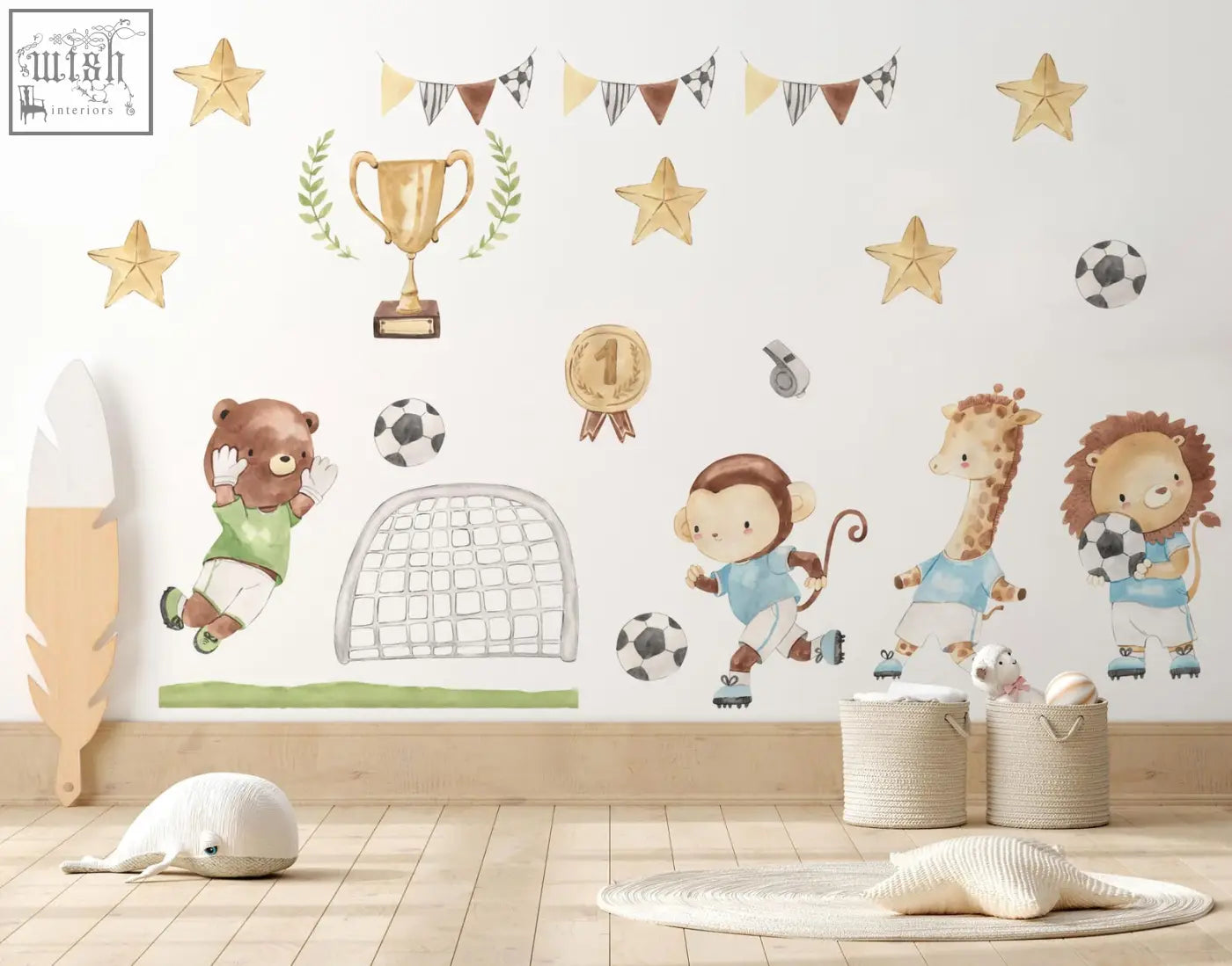 Watercolor football animals wall decals with lion playing soccer, cartoon animals, trophies, and footballs in green and blue
