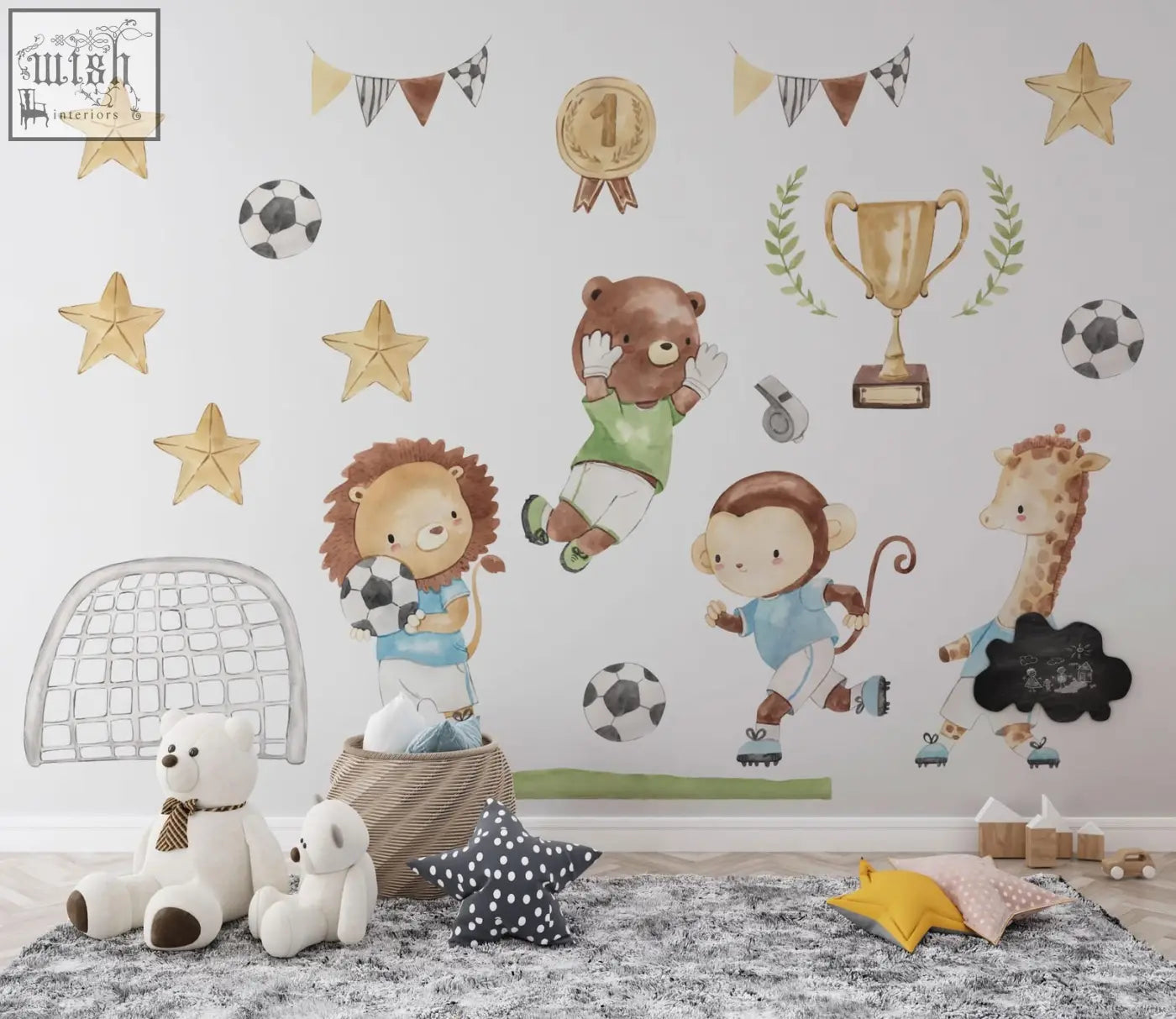 Gold trophy with laurel wreath and ribbon featured in watercolor football animals wall decals kids room decor with lion playing soccer