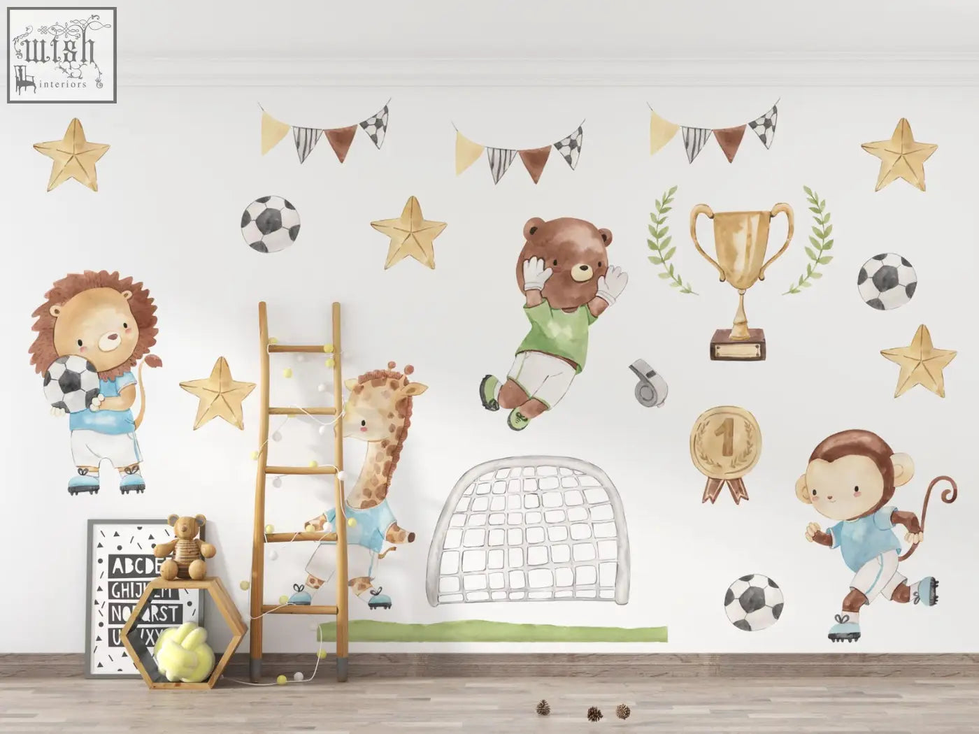 Watercolor football animals wall decals with lion playing soccer and cartoon animals in green blue and brown tones