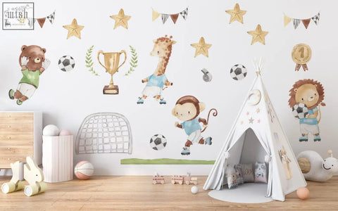 White teepee play tent with star and moon decals beside watercolor football animals wall decals featuring lion playing soccer
