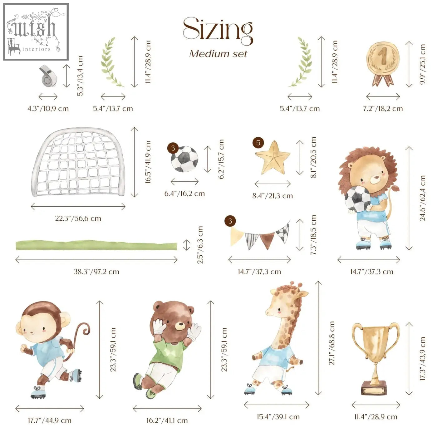 Gold trophy with ribbon and base alongside watercolor football animals wall decals featuring lion playing soccer