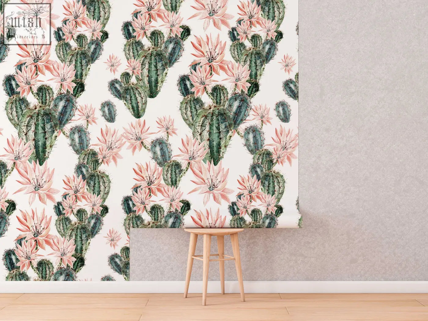 Watercolour cactus flowers removable wallpaper with pink floral botanical illustration on traditional paper for living space by clickwalls