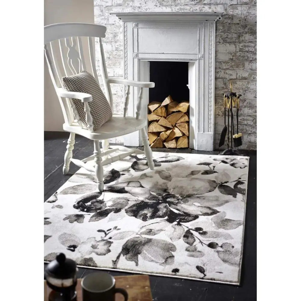 Watercolour Floral Design Rug - Grey - Rugs