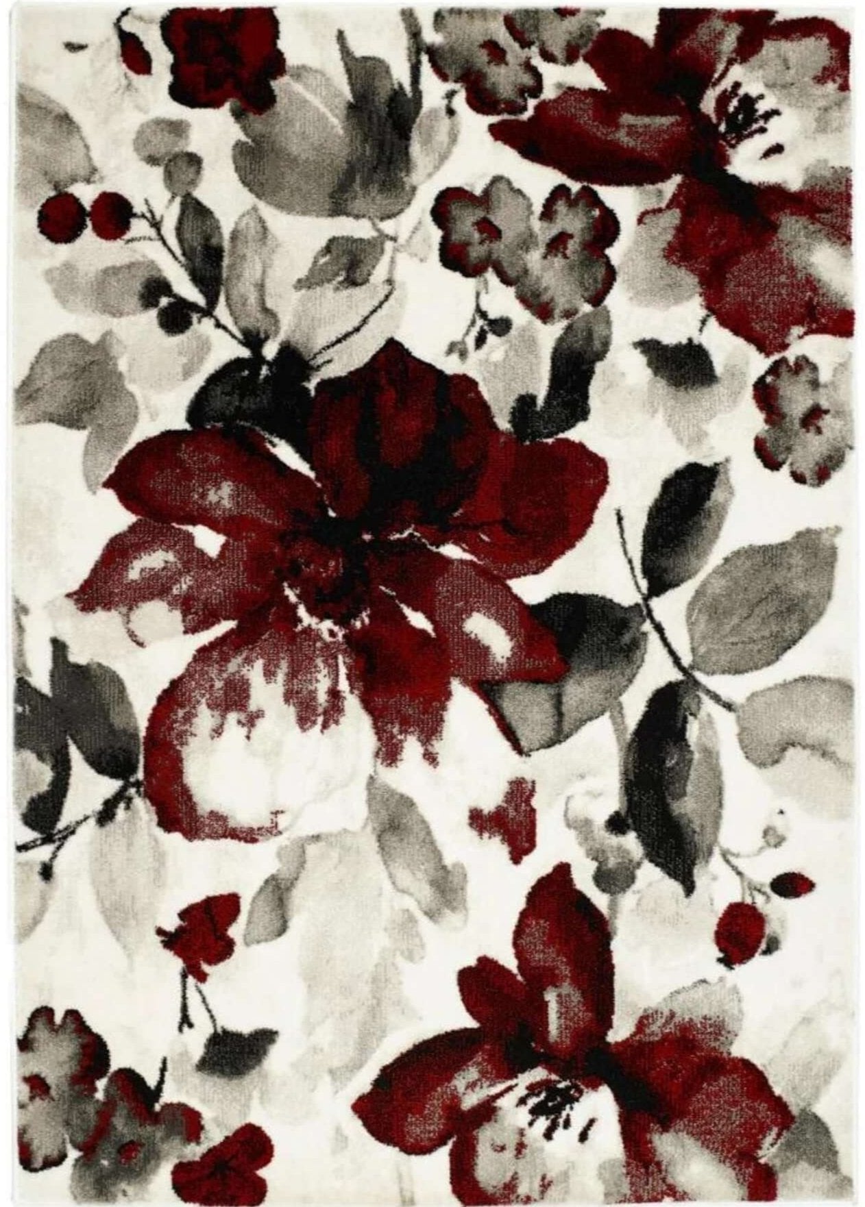 A plush watercolour floral design rug with deep red blossoms gray leaves and black accents on creamy white background