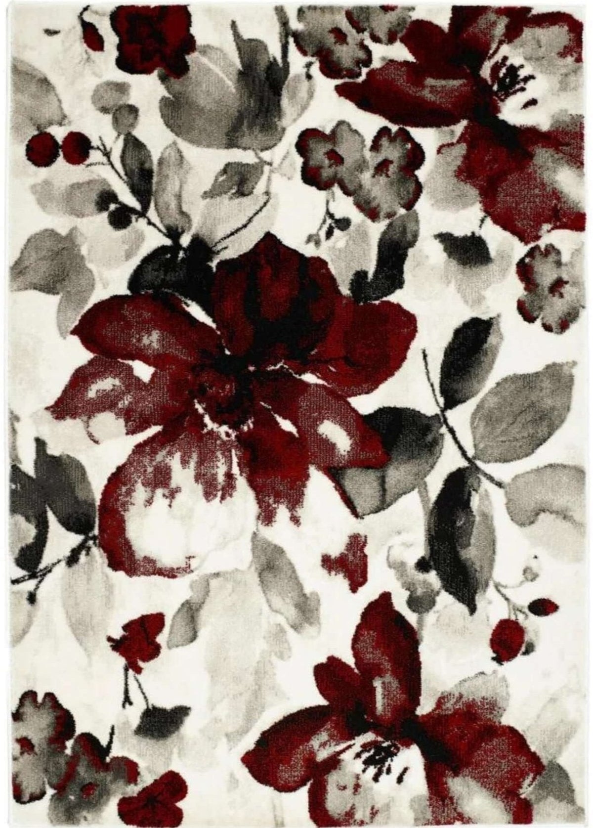 A plush watercolour floral design rug with deep red blossoms gray leaves and black accents on creamy white background