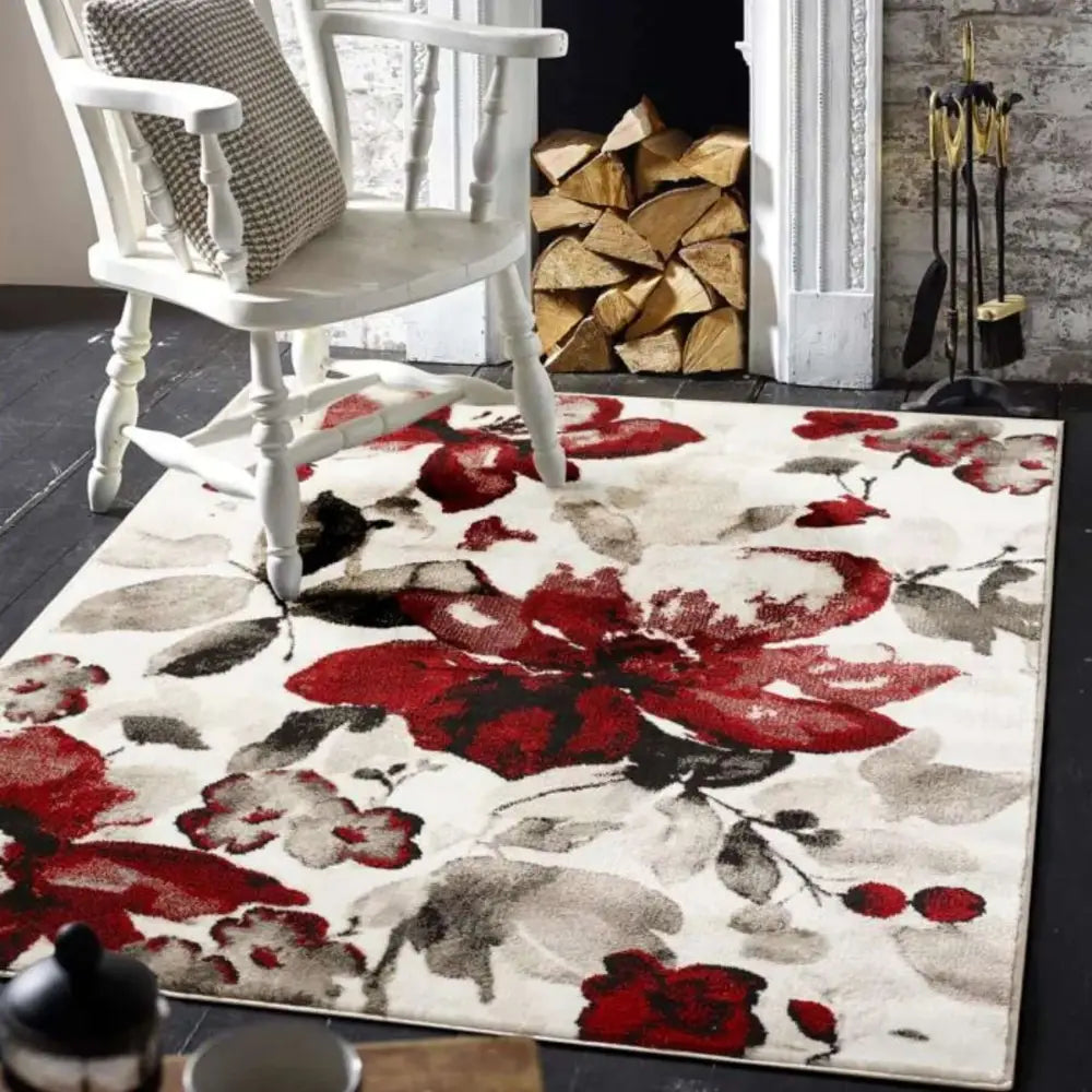 Watercolour Floral Design Rug - Red - Rugs
