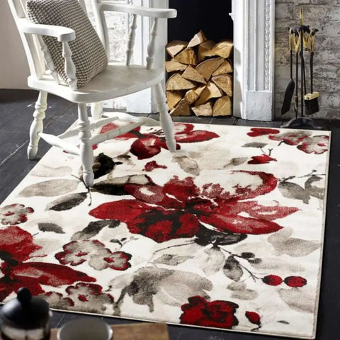 Watercolour Floral Design Rug - Red - Rugs