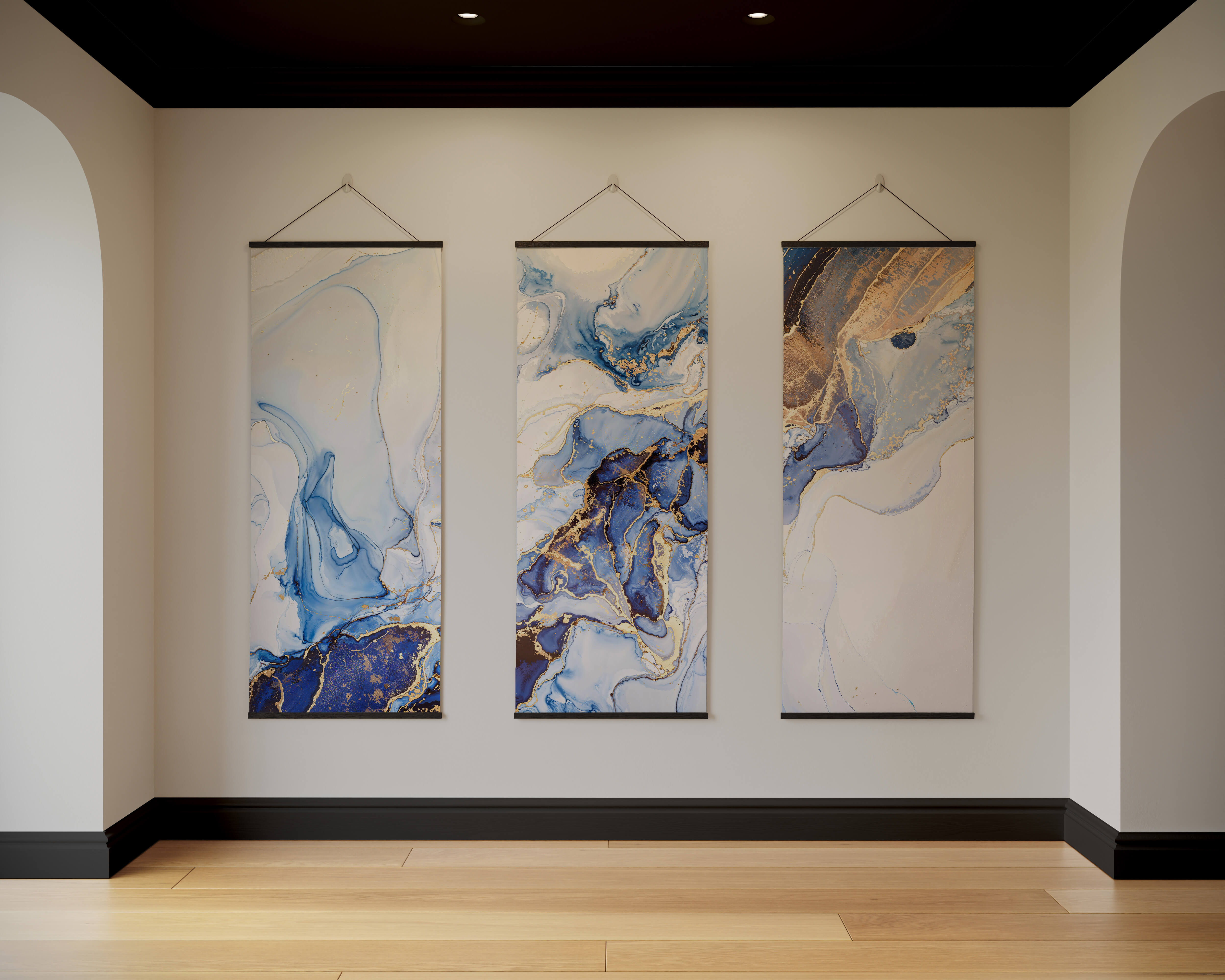 Three vertical abstract tapestries with blue white and gold marble patterns create a stunning gold marble tapestry wall art