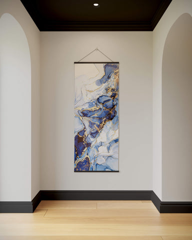 A vertical canvas print featuring a deep blue white and gold marble tapestry with abstract marbled design accents