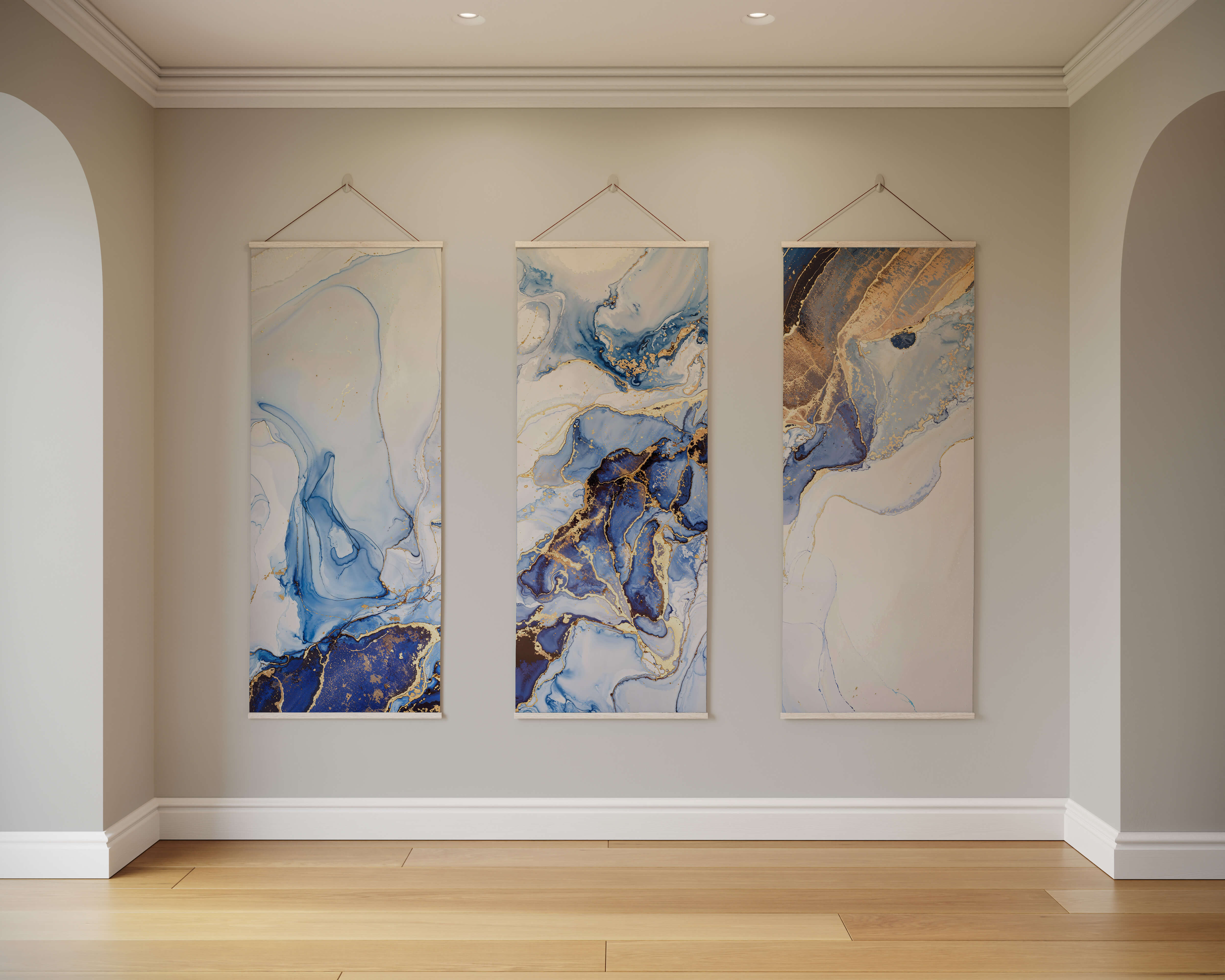 Three vertical abstract art panels with flowing blue white and gold marble patterns in a gold marble tapestry