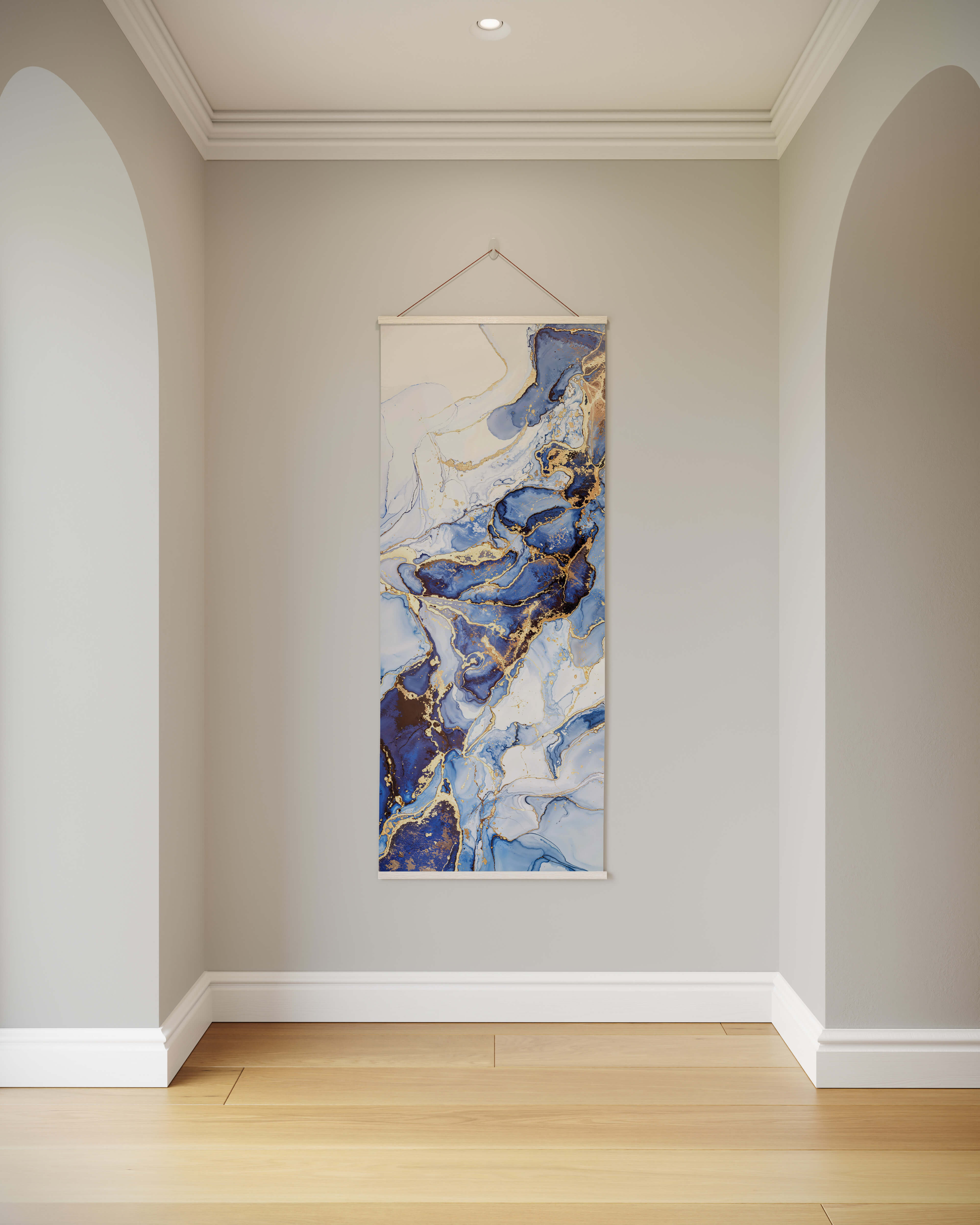 Vertical hanging canvas gold marble tapestry with deep blues whites and gold accents in an abstract marble design