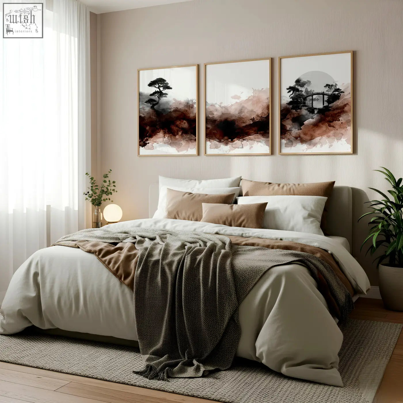 A set of three watercolour paintings featuring japanese landscape bonsai tree and bridge in earthy tones with wooden frames