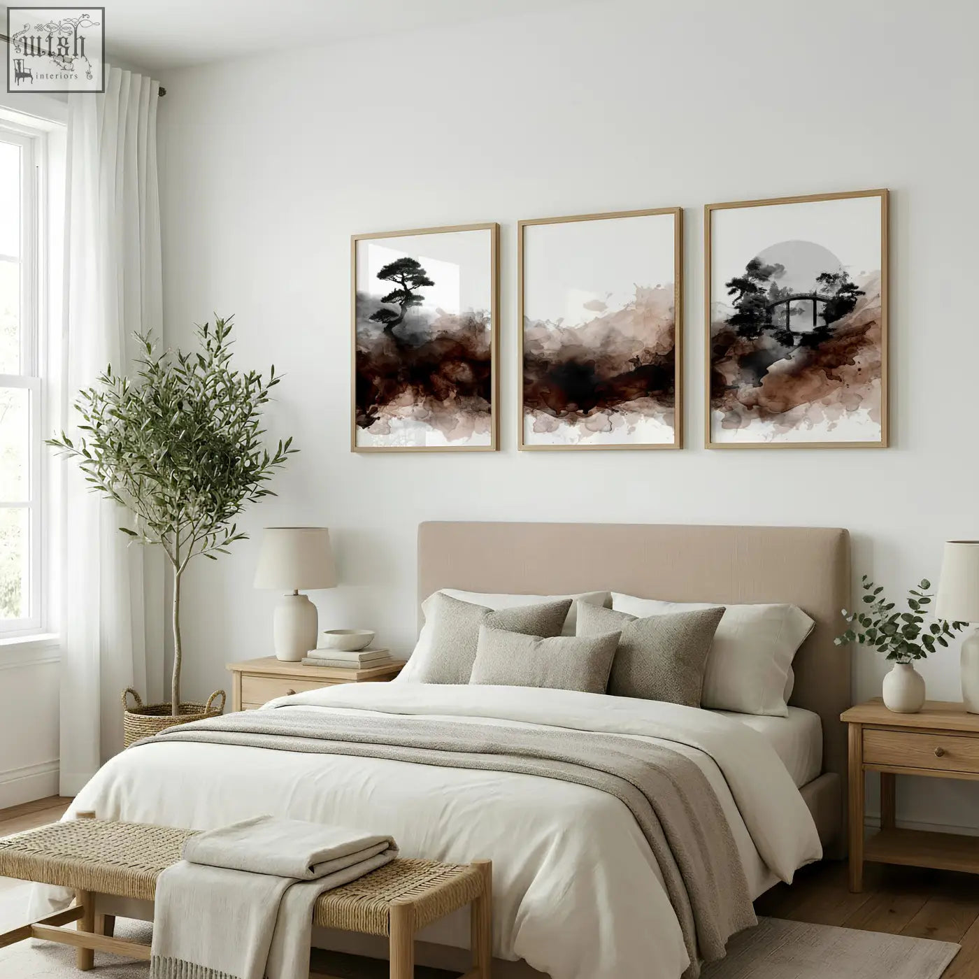 Three framed watercolour paintings featuring japanese landscape bonsai tree and bridge in earthy brown black and white tones