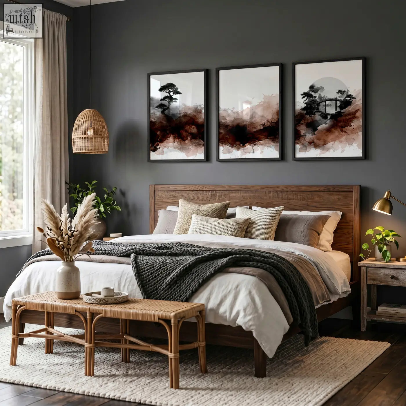 Wooden bed with dark brown finish and woven rattan headboard in a room featuring japanese landscape watercolour paintings three prints