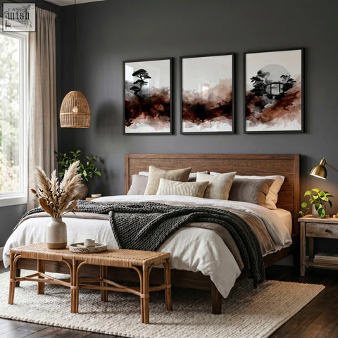 Wooden bed with dark brown finish and woven rattan headboard in a room featuring japanese landscape watercolour paintings three prints