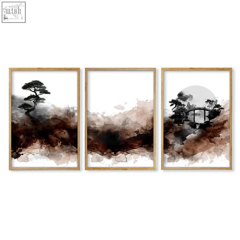 Set of three framed watercolour paintings featuring minimalist japanese landscape scenes in earthy tones