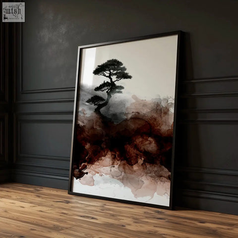 Black-framed watercolour painting of a stylized pine tree with brown and white ink wash in japanese landscape three prints set