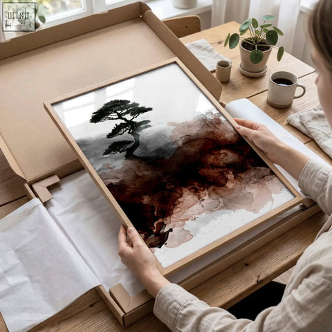 A framed watercolour painting of a dark silhouetted tree with swirling brown inkblots, part of three japanese landscape prints